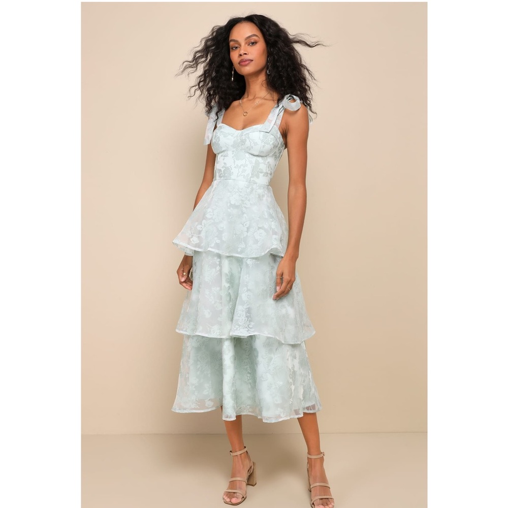 Lulus Glamorous Sweetie Sage Burnout Tie-Strap Bustier Floral Midi Dress NWT XL - Picture 1 of 14